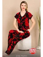 Çiçek Desenli Kırmızı Kısa Kollu Kadın Pijama Takımı Lady 12494  görsel 4