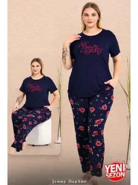 Lady Çiçek Desenli Lacivert Büyük Beden Bisiklet Yaka Kısa Kollu Pijama Takımı Lady 11025
