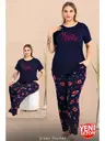 Çiçek Desenli Lacivert Büyük Beden Bisiklet Yaka Kısa Kollu Pijama Takımı Lady 11025