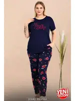 Çiçek Desenli Lacivert Büyük Beden Bisiklet Yaka Kısa Kollu Pijama Takımı Lady 11025 detay görünüm