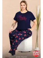 Çiçek Desenli Lacivert Büyük Beden Bisiklet Yaka Kısa Kollu Pijama Takımı Lady 11025 farklı açı