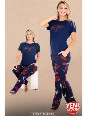 Lady Çiçek Desenli Lacivert Pijama Bisiklet Yaka Kısa Kollu Pijama Takımı Lady 12590