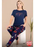 Çiçek Desenli Lacivert Pijama Bisiklet Yaka Kısa Kollu Pijama Takımı Lady 12590 detay görünüm