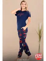Çiçek Desenli Lacivert Pijama Bisiklet Yaka Kısa Kollu Pijama Takımı Lady 12590 farklı açı