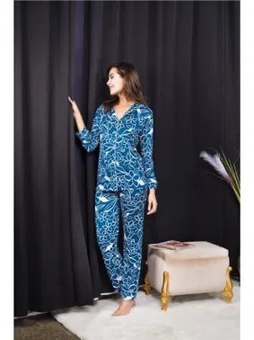 İzabel Çiçek Desenli Mavi Düğmeli Kadın Pijama Takımı İzabel 4002