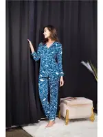 Çiçek Desenli Mavi Düğmeli Kadın Pijama Takımı İzabel 4002 Mavi