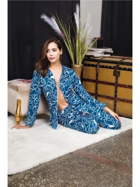 İzabel Çiçek Desenli Mavi Düğmeli Kadın Pijama Takımı İzabel 4002 - Alternatif Görünüm