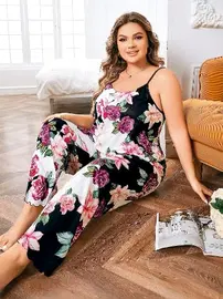Pink Night Çiçek Desenli Pantolon Pijama Takımı Büyük Beden Pink Night 6914