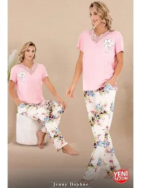Lady Çiçek Desenli Pijama Dantel Yaka Kısa Kol Pijama Takımı Lady 12596