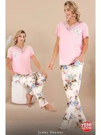 Lady Çiçek Desenli Pijama Dantel Yaka Kısa Kol Pijama Takımı Lady 12596