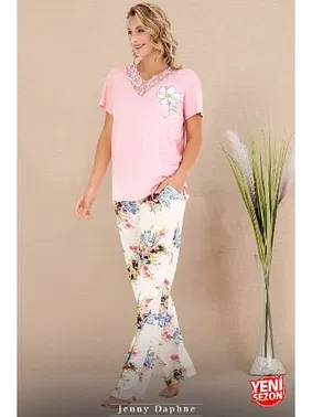 Lady Çiçek Desenli Pijama Dantel Yaka Kısa Kol Pijama Takımı Lady 12596 - Alternatif Görünüm