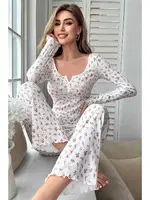Çiçek Desenli Uzun Kollu Pijama Takımı Merry See MS4083 Beyaz Beyaz