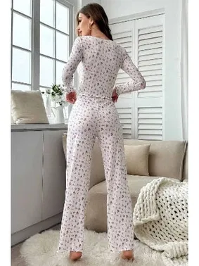 Merry See Çiçek Desenli Uzun Kollu Pijama Takımı Merry See MS4083 Beyaz - Alternatif Görünüm