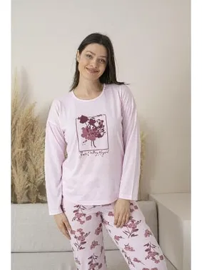Estiva Çiçek Desenli Uzun Kollu Viskon Kadın Pijama Takımı Pembe Estiva 25113 - Alternatif Görünüm