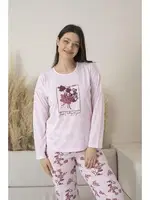Çiçek Desenli Uzun Kollu Viskon Kadın Pijama Takımı Pembe Estiva 25113 Pembe detay görünüm