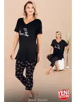 Çiçek Desenli V Yaka Kısa Kollu Kapri Kadın Pijama Takımı Lady 12081 Siyah