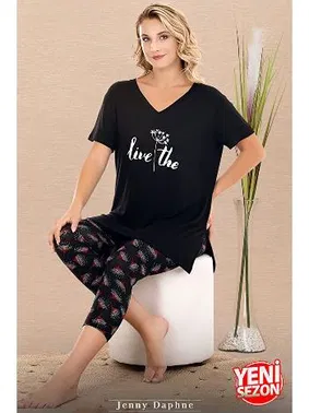 Lady Çiçek Desenli V Yaka Kısa Kollu Kapri Kadın Pijama Takımı Lady 12081 - Alternatif Görünüm