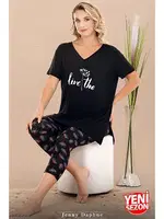 Çiçek Desenli V Yaka Kısa Kollu Kapri Kadın Pijama Takımı Lady 12081 Siyah detay görünüm