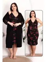 Çiçek Desenli Viskon Kumaş Gecelik Sabahlık Takımı Lady 19223 Siyah
