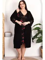 Çiçek Desenli Viskon Kumaş Gecelik Sabahlık Takımı Lady 19223 Siyah farklı açı