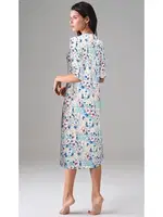 Çiçek Desenli Yarım Kollu Midi Boy Kadın Elbise Doreanse 4321 Mavi detay görünüm