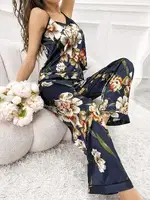 Çiçekli Askılı Lacivert Bluz Pantolon Takım Pink Night 1409 Lacivert