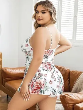 Pink Night Çiçekli Büyük Beden Midi Erotik Gecelik Pink Night 6606 - Alternatif Görünüm