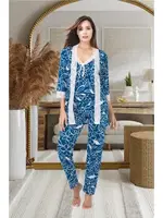 Çiçekli Dantelli 3lü Sabahlık Pijama Takımı İzabel SB-5001 Mavi
