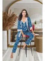 Çiçekli Dantelli 3lü Sabahlık Pijama Takımı İzabel SB-5001 Mavi detay görünüm
