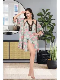 İzabel Çiçekli Dantelli Kısa Gecelik Sabahlık Takımı İzabel 7000