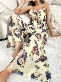 Pink Night Çiçekli Desenli Sarı Askılı Bluz Pantolon Takım Pink Night 1451