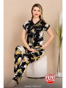 Lady Çiçekli Düğmeli Yaka Kısa Kollu Pijama Takımı Lady 12498 - Alternatif Görünüm