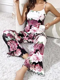 Pink Night Çiçekli Gül Desen Siyah Askılı Bluz Pantolon Takım Pink Night 1414