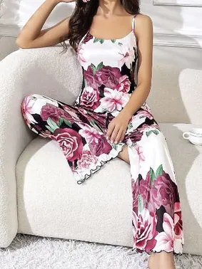 Pink Night Çiçekli Gül Desen Siyah Askılı Bluz Pantolon Takım Pink Night 1414 - Alternatif Görünüm