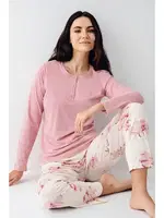 Çiçekli Yakası Düğmeli Cepli Uzun Kollu Kadın Pijama Takımı Pierre Cardin PC9055-S Pembe