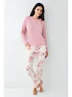 Çiçekli Yakası Düğmeli Cepli Uzun Kollu Kadın Pijama Takımı Pierre Cardin PC9055-S Pembe detay görünüm