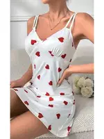 Çift Askılı Kalp Desenli Kısa Kadın Gecelik NightLight 3790 Beyaz