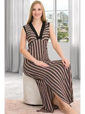 Lady Çizgi Desenli Somon Ekstra Uzun ElbiseLady 7030 - Alternatif Görünüm