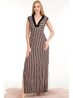 Lady Çizgi Desenli Somon Ekstra Uzun ElbiseLady 7030