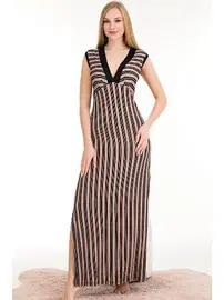 Lady Çizgi Desenli Somon Ekstra Uzun ElbiseLady 7030