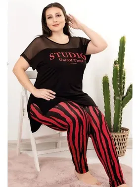 Lady Çizgili Büyük Beden Dantelli Desenli Kısa Kollu Viskon Pijama Takımı Lady 10957