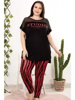Çizgili Büyük Beden Dantelli Desenli Kısa Kollu Viskon Pijama Takımı Lady 10957 Siyah detay görünüm