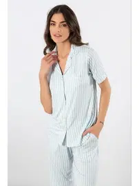 Türen Çizgili Kısa Kollu Gömlek Yaka Pijama Takımı Türen 3355/Mavi
