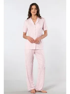Türen Çizgili Kısa Kollu Gömlek Yaka Pijama Takımı Türen 3355/Pembe - Alternatif Görünüm