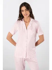 Türen Çizgili Kısa Kollu Gömlek Yaka Pijama Takımı Türen 3355/Pembe