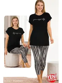 Lady Çizgili Tayt Kısa Kollu Kapri Pijama Takımı Lady 12054