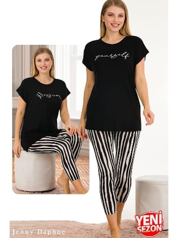 Çizgili Tayt Kısa Kollu Kapri Pijama Takımı Lady 12054