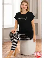 Çizgili Tayt Kısa Kollu Kapri Pijama Takımı Lady 12054 Siyah farklı açı
