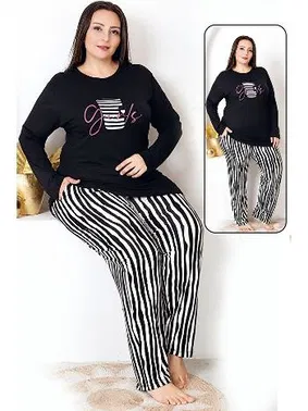 Lady Çizgili Uzun Kollu Büyük Beden Cepli Pijama Takımı Lady 11398