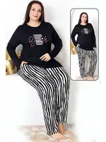Çizgili Uzun Kollu Büyük Beden Cepli Pijama Takımı Lady 11398 Siyah